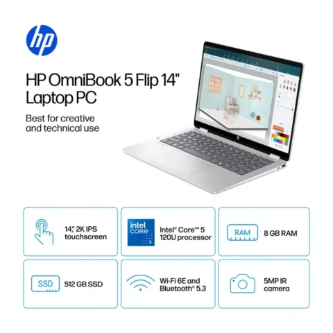 حاسوب محمول HP OmniBook 5 Flip x360 Core 5-120U/16GB/512GB/14"-2K Touch/Pen/DOS/3y-OS BR4Q5EA